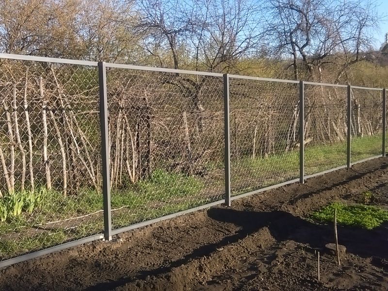Металлическое ограждение из сетки рабицы на столбах для сада